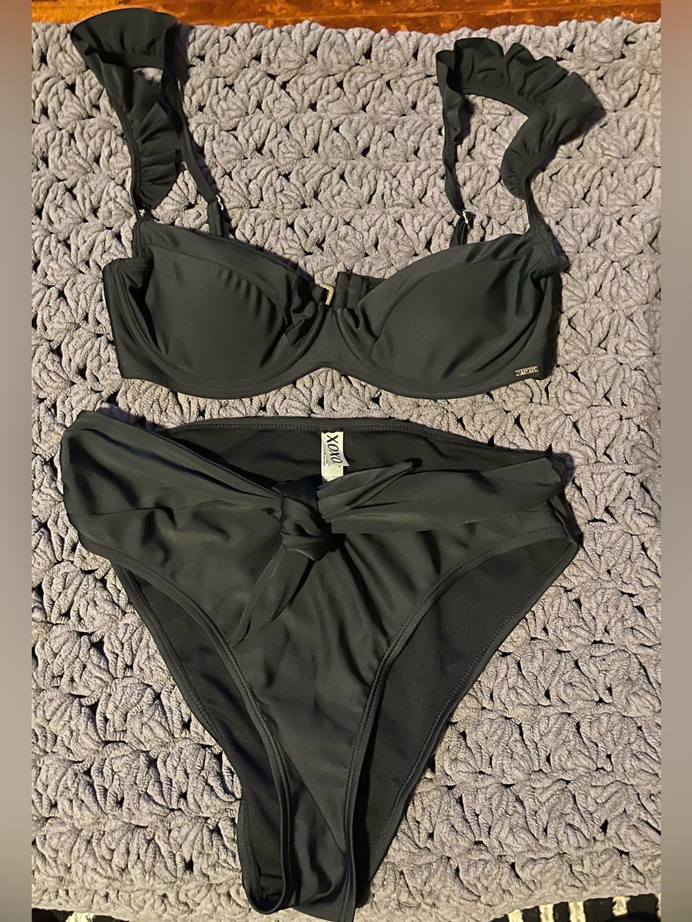 NWOT XOXO Black Ruffle Underwire High Waisted Bikini Set - Size M/L
